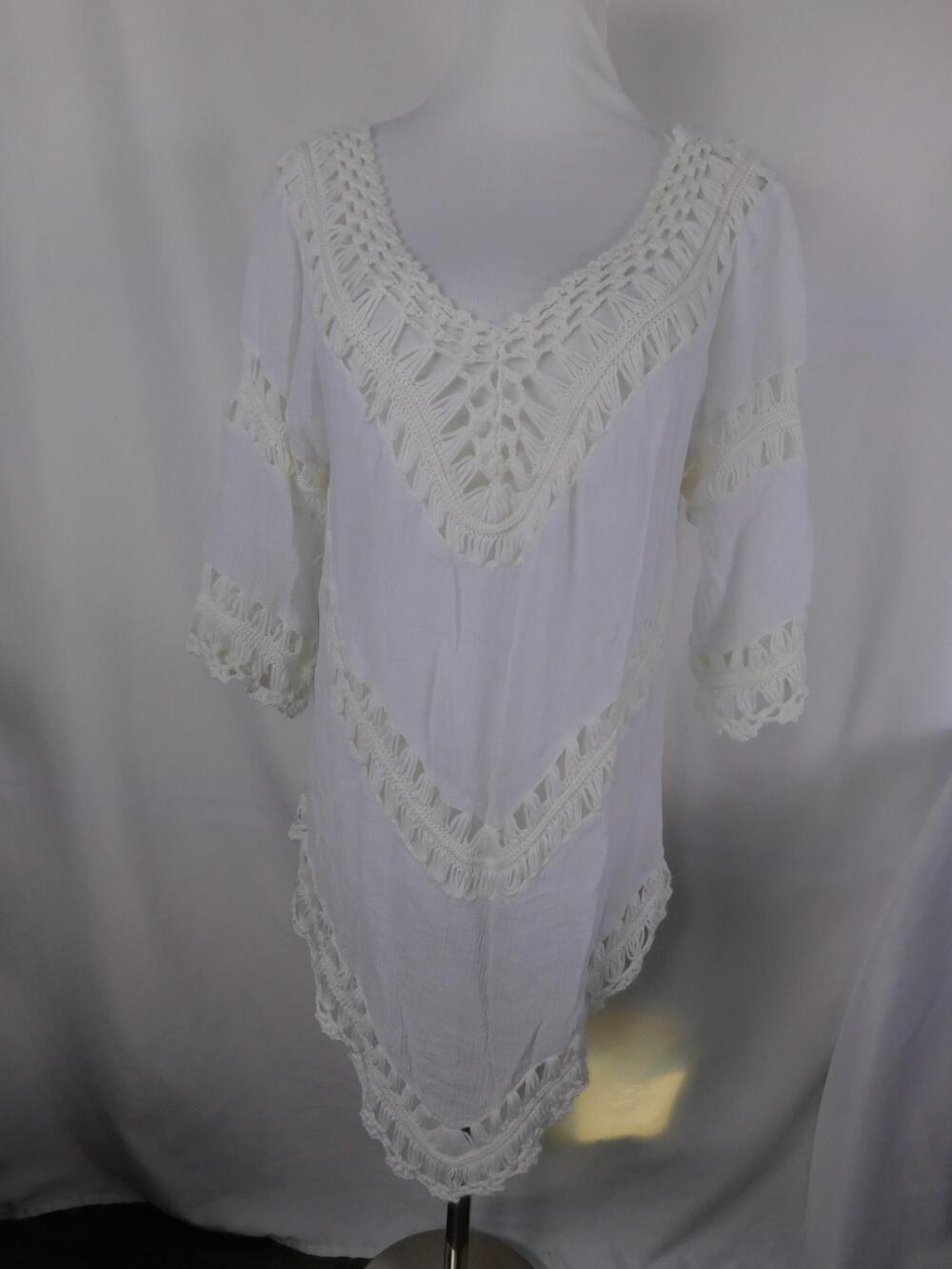 White Crochet Fringe Tunic Blouse Womens Small V Neck 3/4 Sleeve Boho Beach
